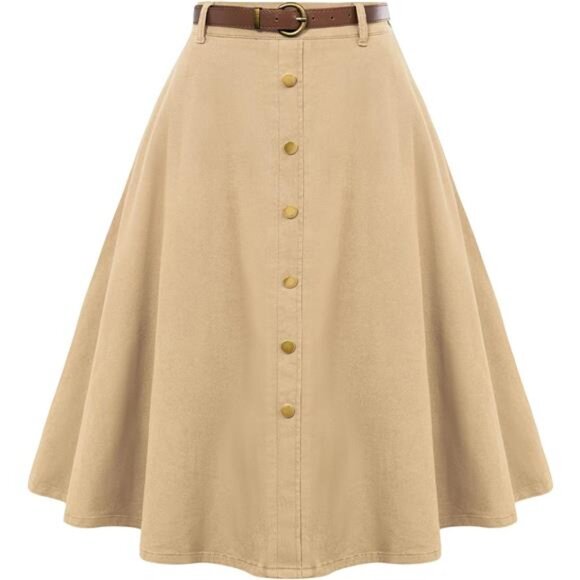 Women's Denim Skirt Vintage Below Knee Length High Waist Skirt w/ Pockets, Khaki